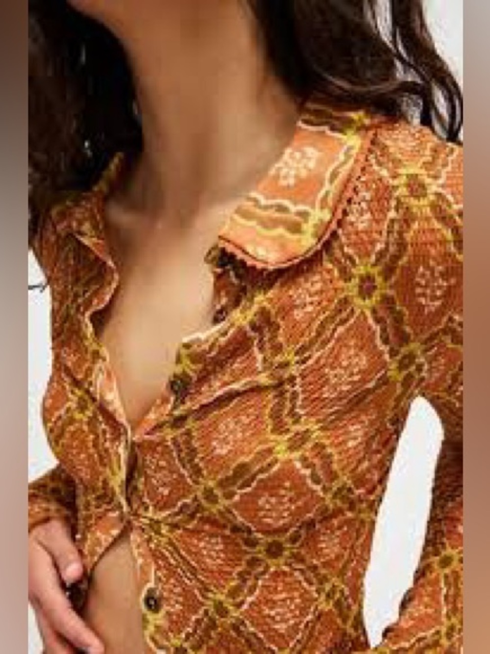 Free People, Medium, Rust/peach & Olive, Button-Up Blouse, Cardi